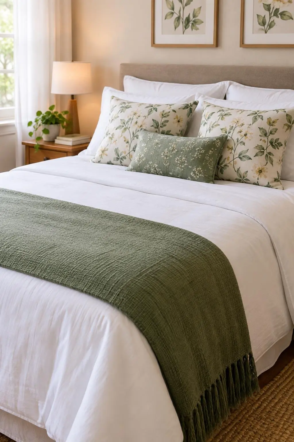 Cama de casal com roupa de cama branca, peseira verde e almofadas com estampas delicadas