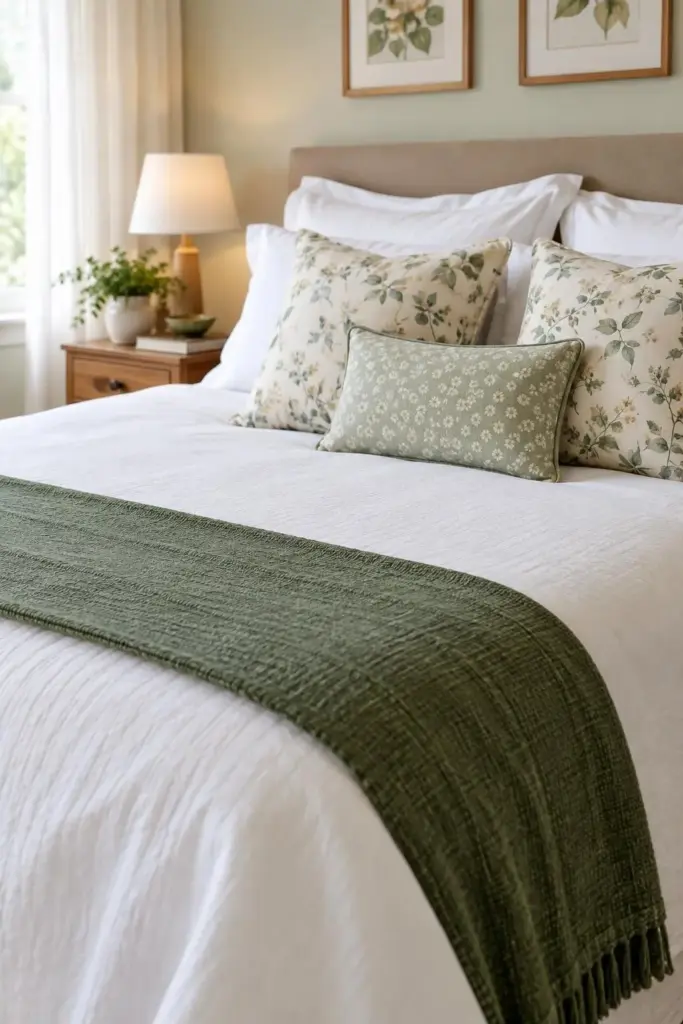 Cama de casal com roupa de cama branca, peseira verde e almofadas com estampas delicadas