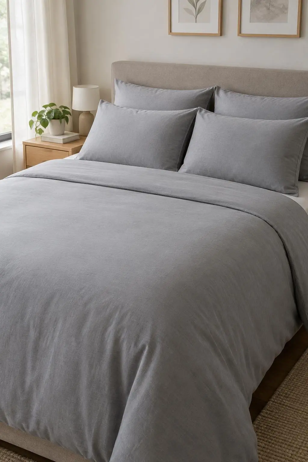 Quarto em estilo minimalista com edredom cinza liso e quatro travesseiros arrumados de forma alinhada