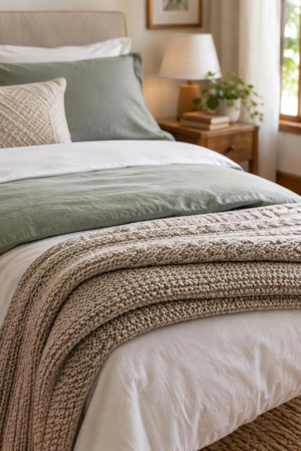 Detalhe das camadas de lençóis e manta de tricot dobrada aos pés da cama