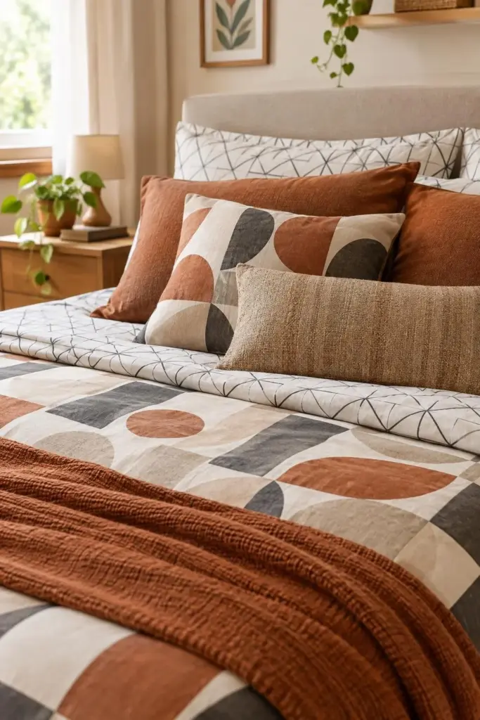 Cama posta com mix de estampas geométricas e almofadas em tons terrosos