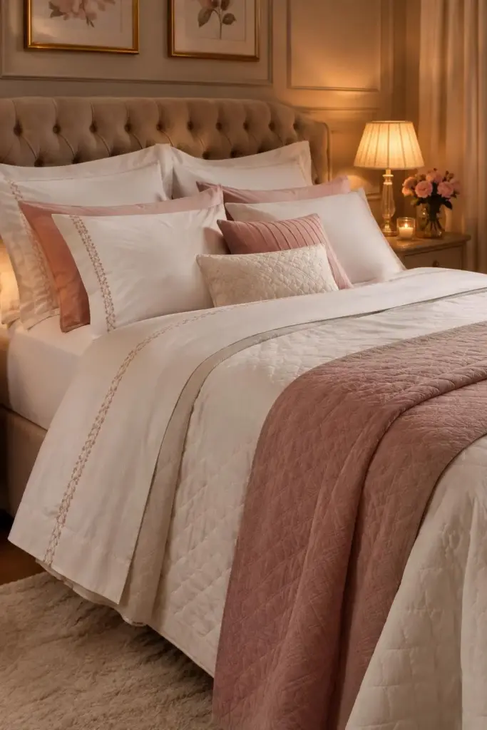 Gostaria de uma imagem de cama posta de alto luxo, em um quarto de casal com decoração romantica. Na cama utilize todas as peças de uma cama posta, com qualidade alta, em algodão egípcio, estilo as da marca de cama mesa e banho artelassê. Não precisa de pétalas de rosas vermelhas.
