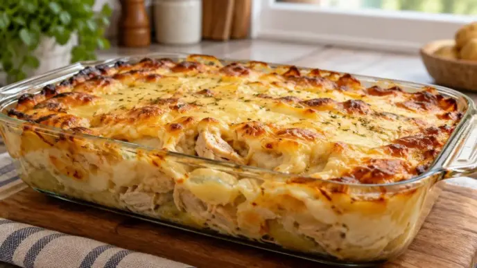 Frango com creme de batata gratinado no forno