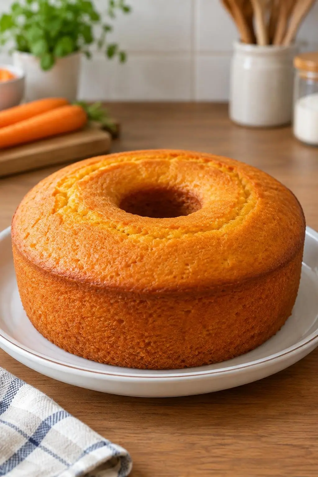 Bolo de cenoura inteiro assado e desenformado em travessa redonda mostrando a cor dourada