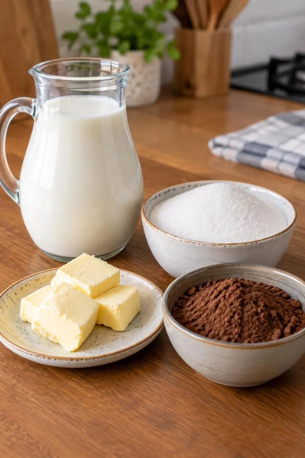 Ingredientes da receita organizados na bancada: leite integral, manteiga, açúcar e cacau em pó