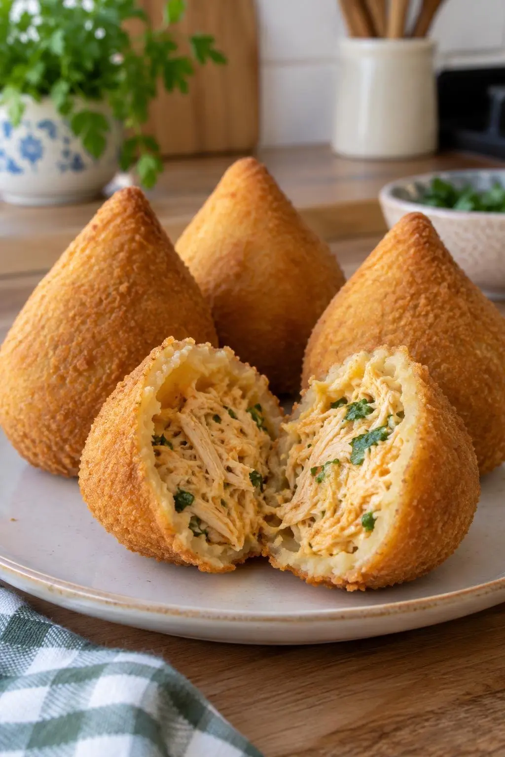 Coxinha partida ao meio mostrando a casquinha fina e o recheio de frango desfiado com cheiro-verde