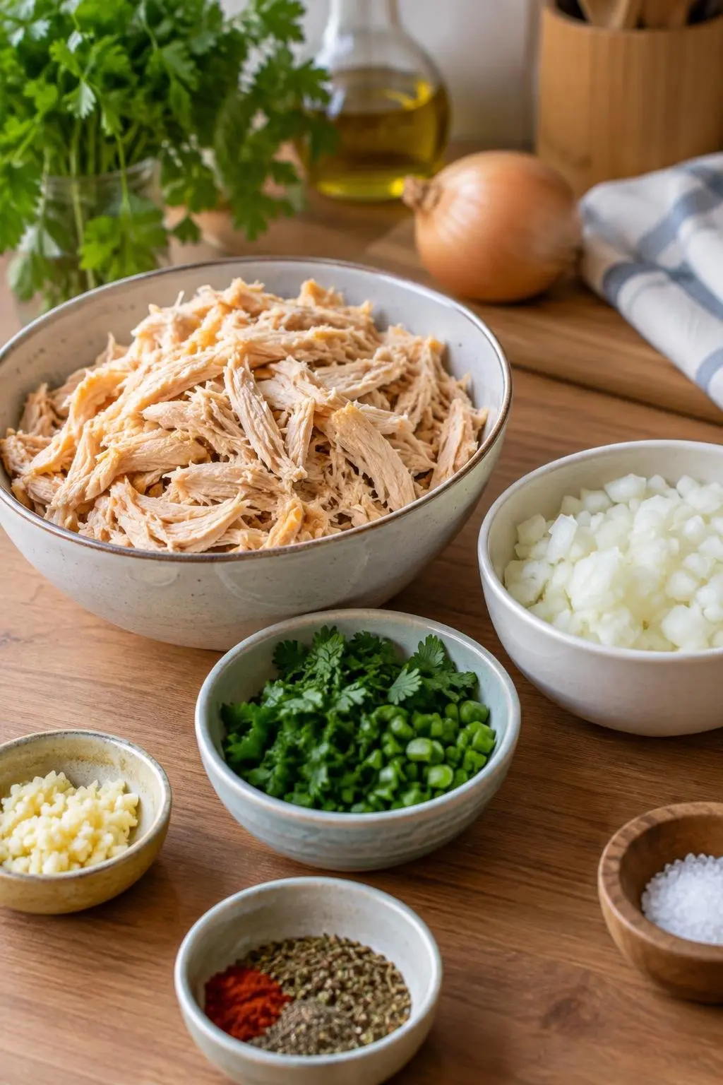 Ingredientes do recheio dispostos em potes: peito de frango desfiado, cebola e temperos frescos