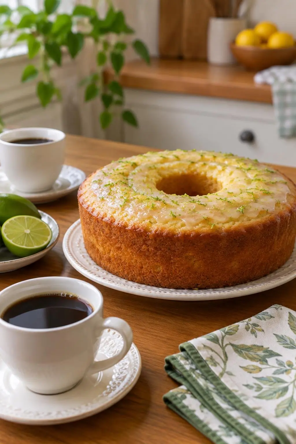 Mesa de café da tarde com o bolo de limão inteiro ao lado de xícaras e guardanapos