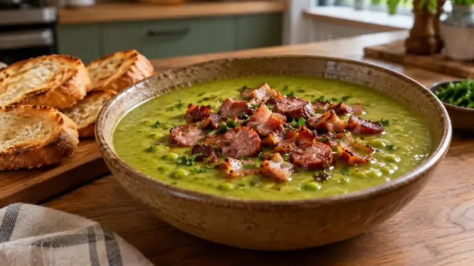 Creme de ervilha simples com bacon e calabresa