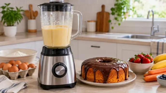 Liquidificador sobre a bancada da cozinha, com massa de bolo na jarra