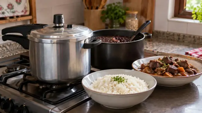 Panela de pressão no fogão, com feijão e carne de panela ao lado