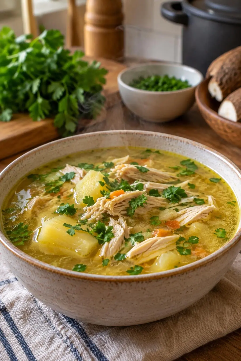 Tigela de cerâmica com caldo de frango fumegante salpicado com cheiro-verde fresco picado.