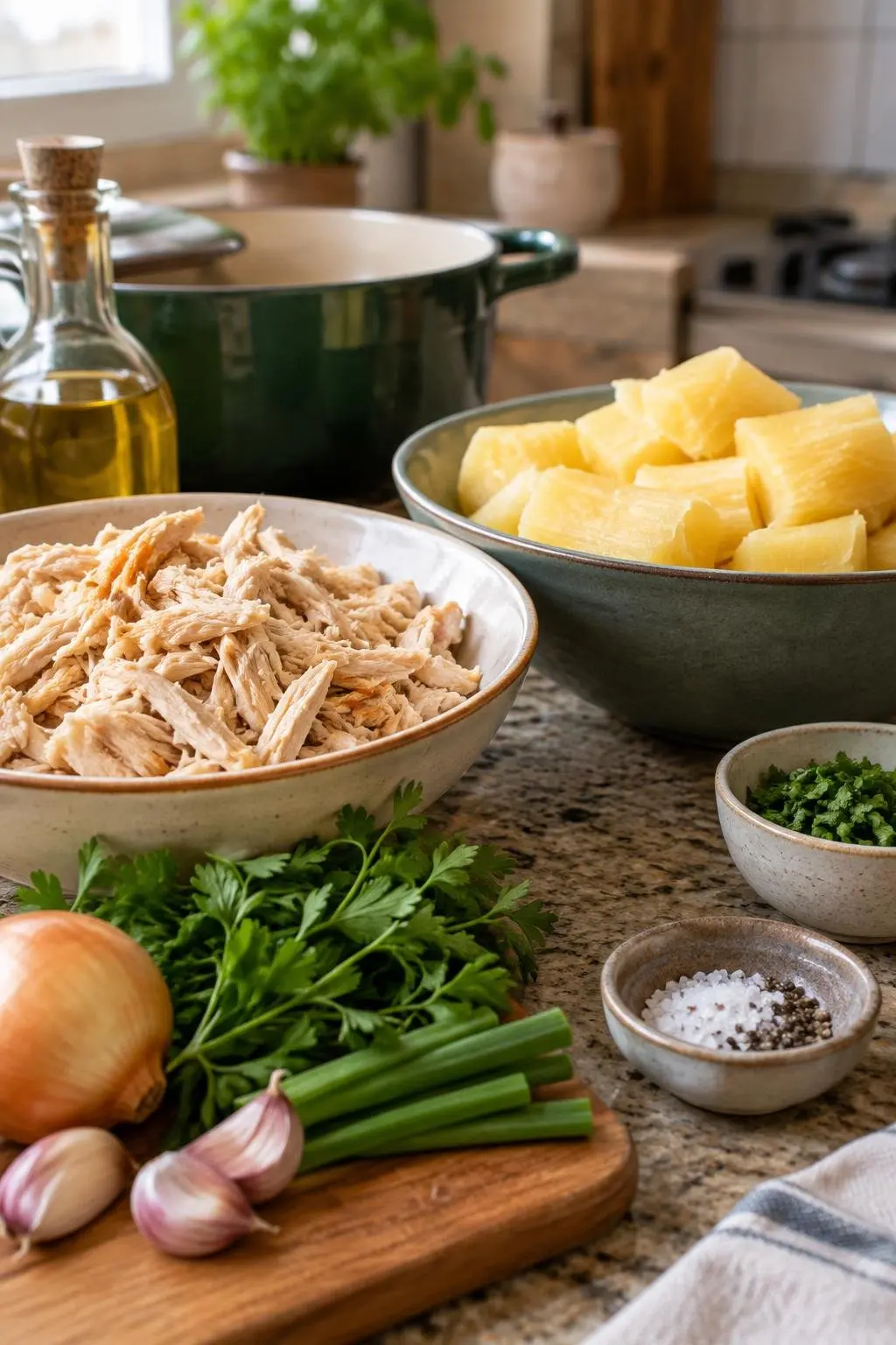 Ingredientes dispostos na bancada com frango cozido desfiado, mandioca cozida e temperos frescos.