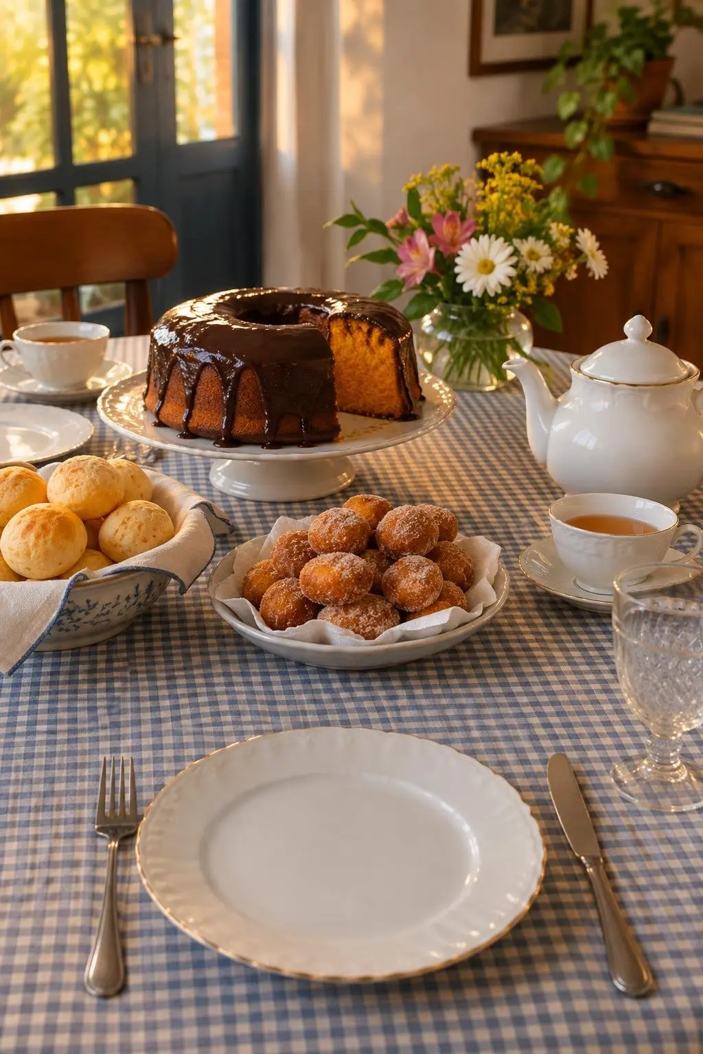 Mesa de café da tarde com bolo, bolinhos e chá