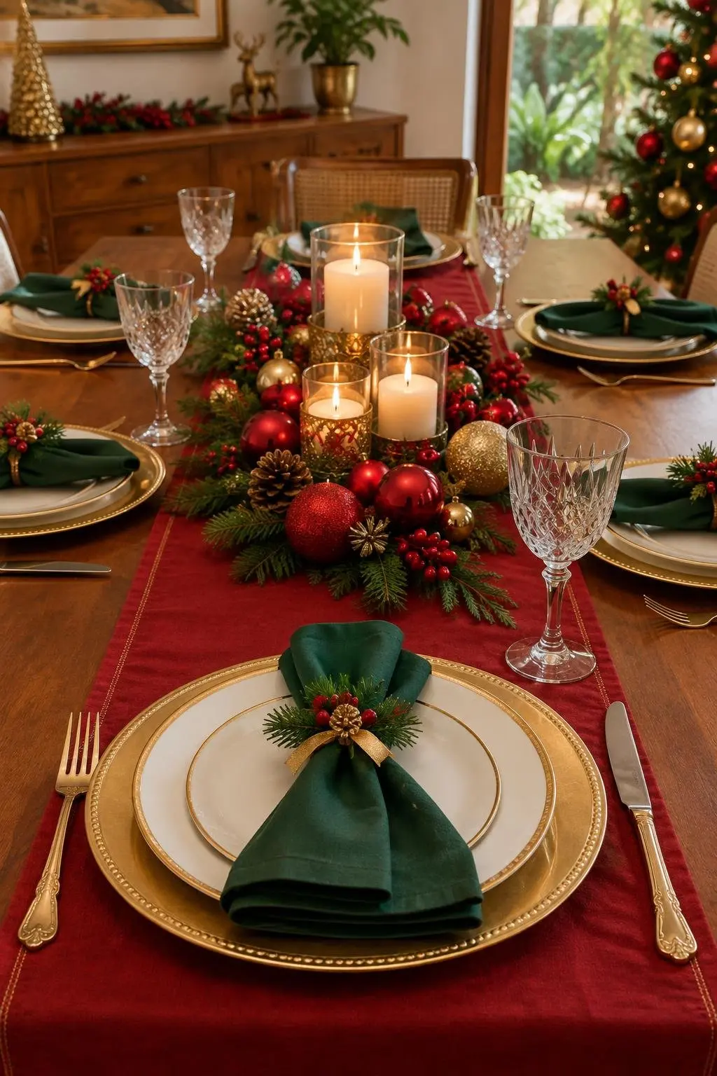 Mesa de Natal clássica em vermelho, verde e dourado