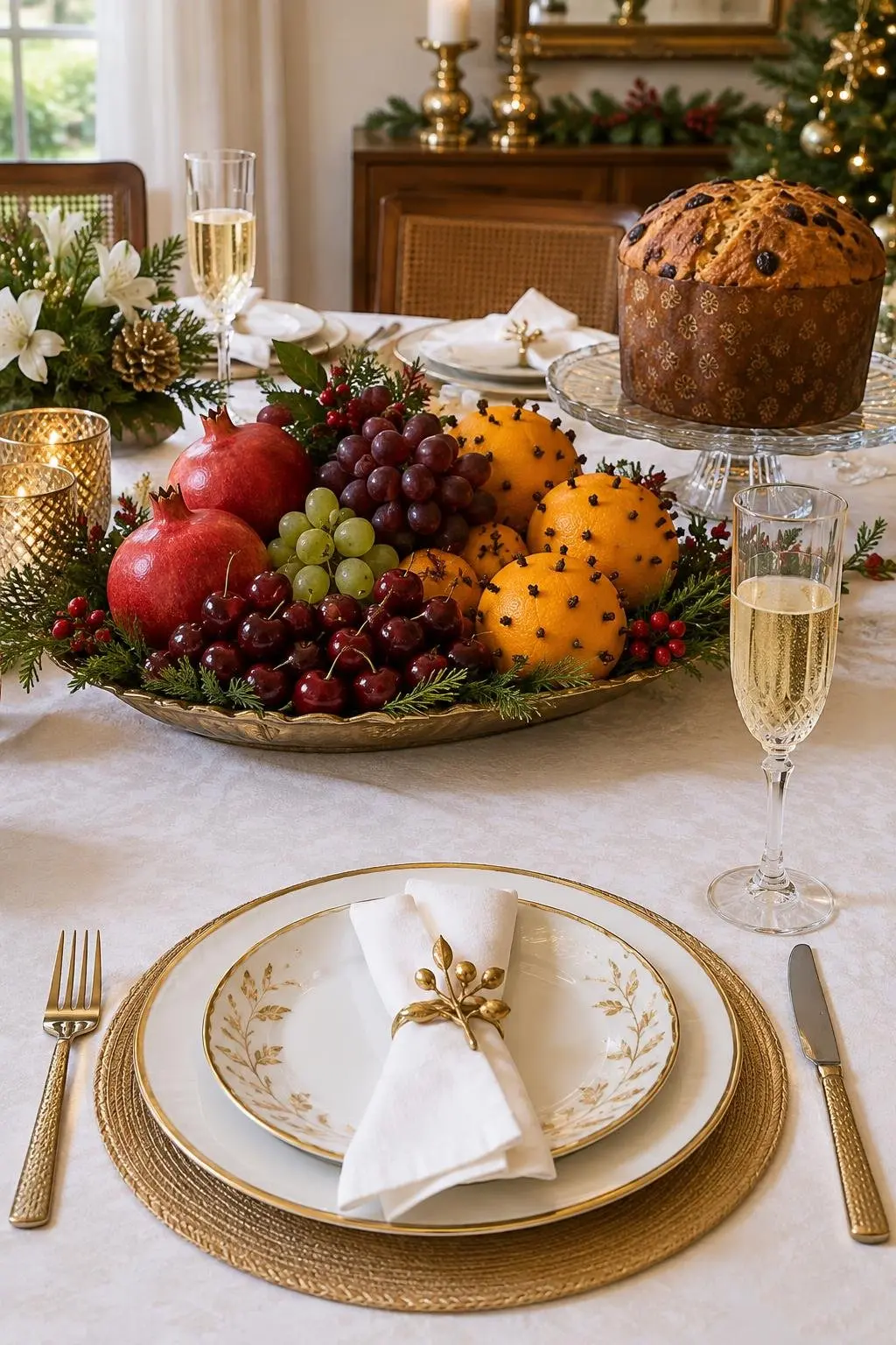 Mesa de Natal decorada com frutas e panetone