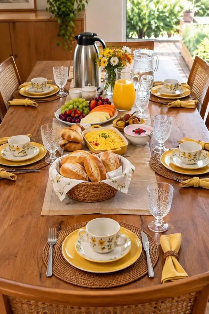 Mesa posta de café da manhã, bem alegre, em uma área com luz do dia, com 6 lugares montados, talheres, xícaras, copos e