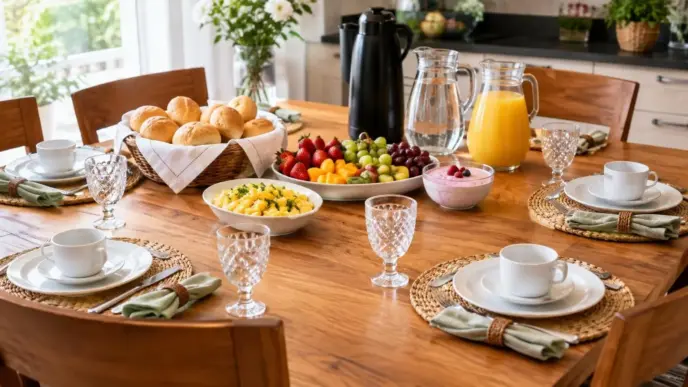 Crie uma imagem de mesa posta de café da manhã, elegante, alegre, em uma área com luz do dia, com 6 lugares montados em frente as suas respectivas cadeiras, talheres, xícaras, copos e guardanapos bem posicionados, pão francês na cesta forrada com um paninho, frutas em uma travessa, garrafa térmica de café, Jarra de água, Jarra de suco, iogurte e ovos mexidos.