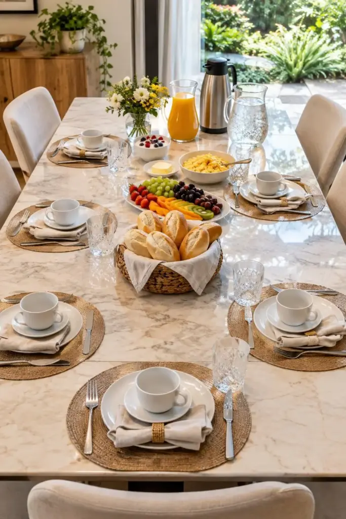 Mesa posta de café da manhã, bem alegre e elegante, de classe média alta, em uma área com luz do dia, mesa de mármore e