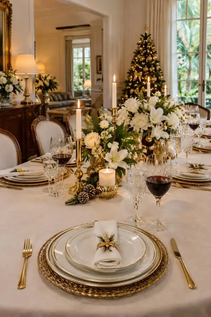 Uma mesa de natal elegante e contemporânea, em uma residencia de luxo e clássica típica brasileira, sem lareira. A mesa deve