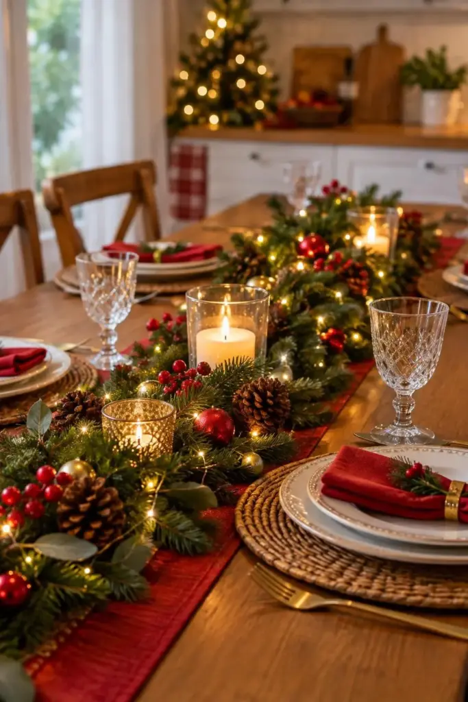 Arranjo de mesa de natal com mini luzes de led