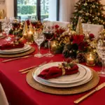Uma mesa de natal elegante e contemporânea, em uma residência de luxo. A mesa deve estar coberta por uma toalha vermelha e os lugares montados na frente de cada cadeira da mesa. Cada lugar com sousplat e talheres dourados, garfos do lado esquerdo e facas do lado direito com a lâmina voltada para o prato, bem alinhados nas laterais dos sousplats, pratos com filetes dourados sobre os sousplats, arranjos de natal com flores e decoração natalina com iluminação de mini led, Taças de água e vinho em cristal, posicionadas do lado direito acima das facas e detalhes natalinos em dourado