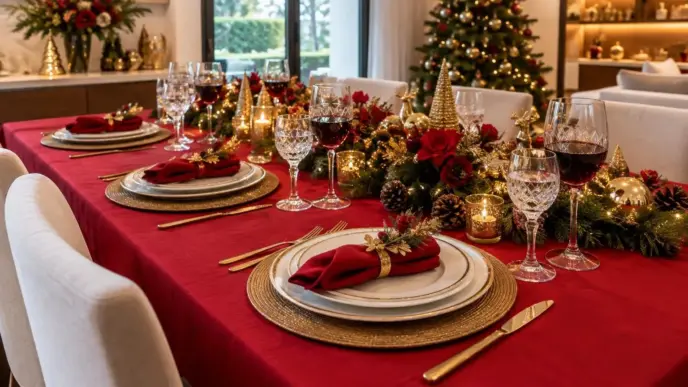 Uma mesa de natal elegante e contemporânea, em uma residência de luxo. A mesa deve estar coberta por uma toalha vermelha e os lugares montados na frente de cada cadeira da mesa. Cada lugar com sousplat e talheres dourados, garfos do lado esquerdo e facas do lado direito com a lâmina voltada para o prato, bem alinhados nas laterais dos sousplats, pratos com filetes dourados sobre os sousplats, arranjos de natal com flores e decoração natalina com iluminação de mini led, Taças de água e vinho em cristal, posicionadas do lado direito acima das facas e detalhes natalinos em dourado