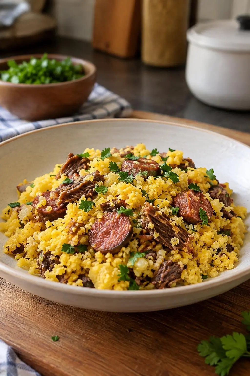 Prato fundo com porção individual de cuscuz nordestino, soltinho no prato como uma farofa e temperado com calabresa e carne seca decorado com cheiro-verde.
