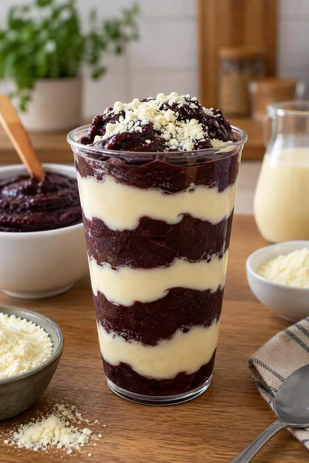 Copo transparente com camadas intercaladas de açaí e creme de leite ninho