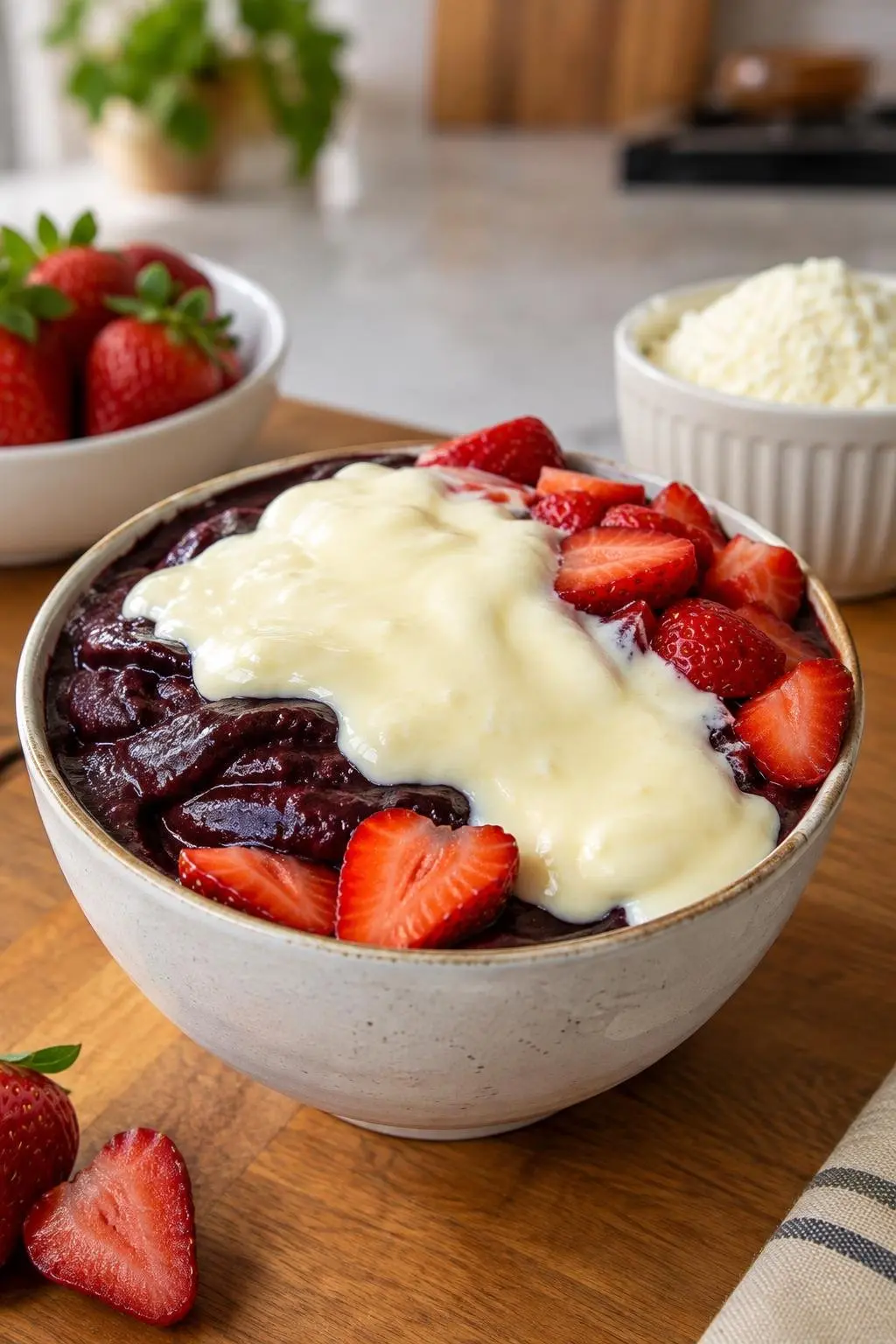 Tigela de açaí servida com morangos frescos e porção generosa de creme de ninho