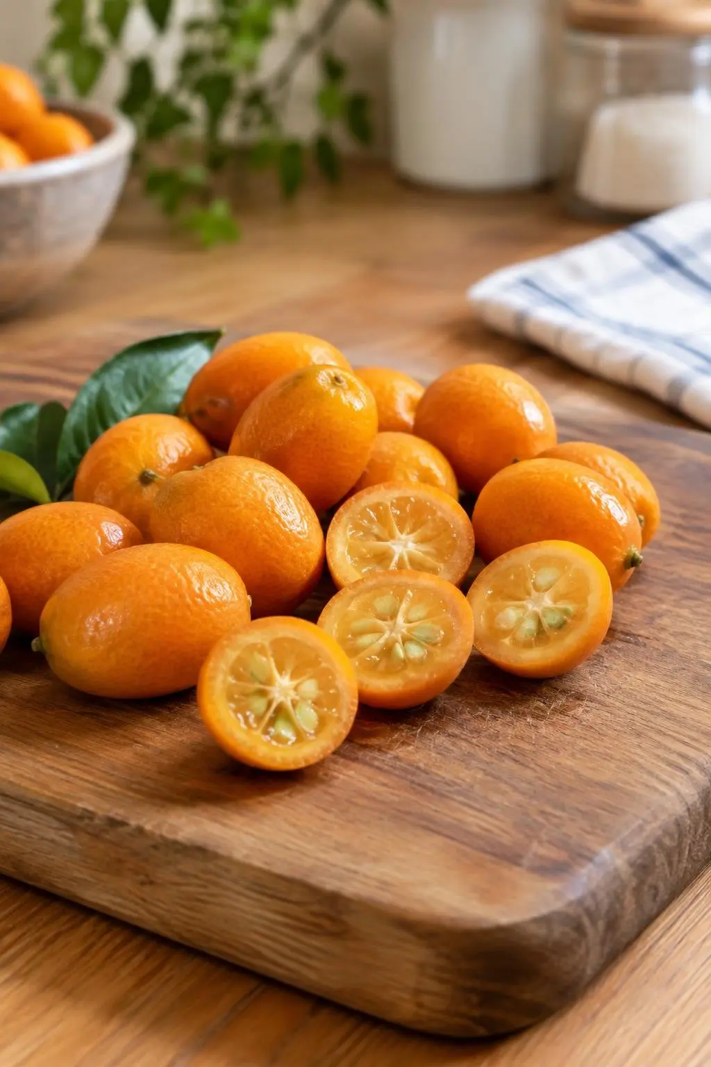 Frutas frescas de laranja kinkan inteiras e cortadas ao meio dispostas em uma tábua de madeira
