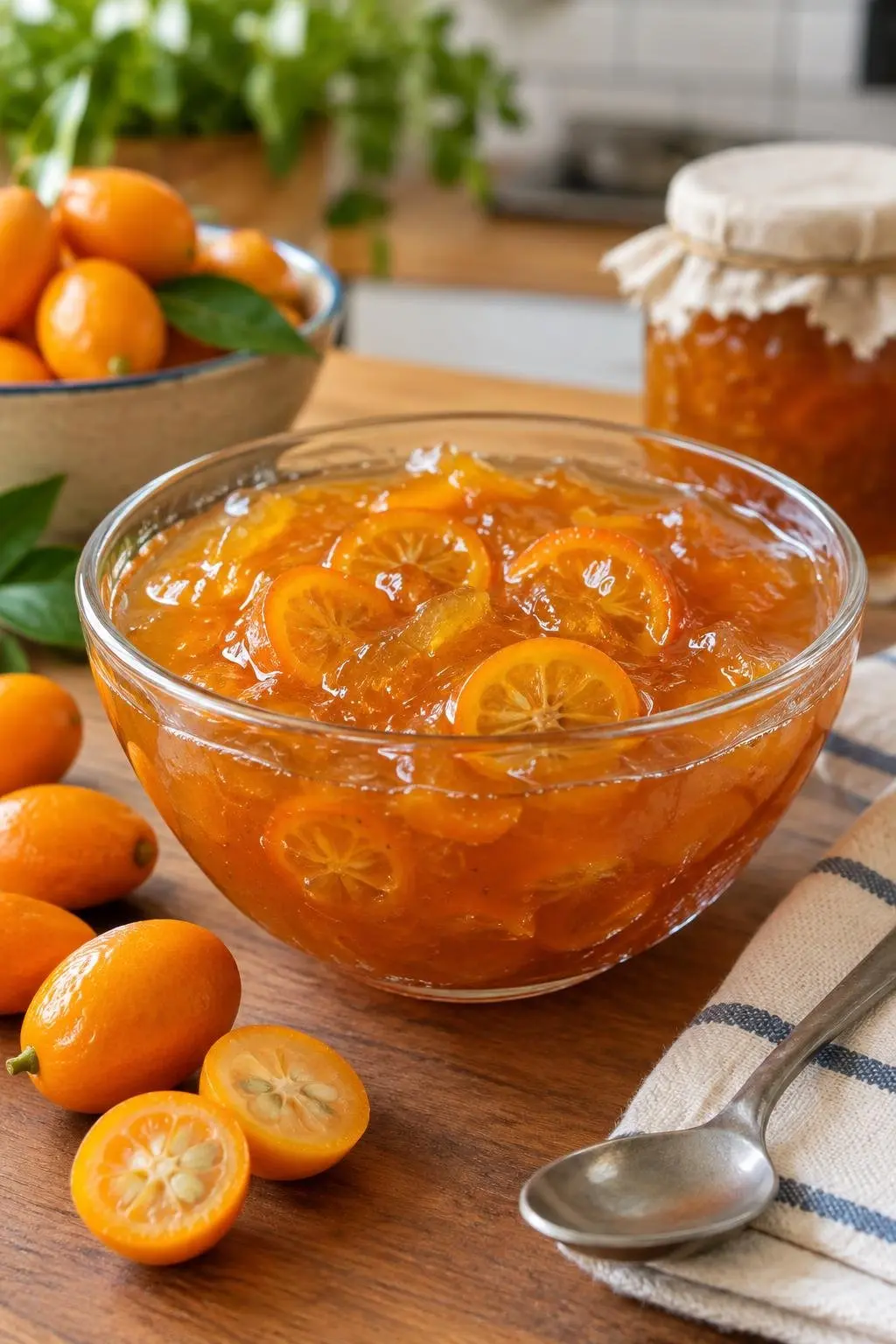 Tigela de vidro com geleia brilhante de laranja kinkan e fatias visíveis da fruta