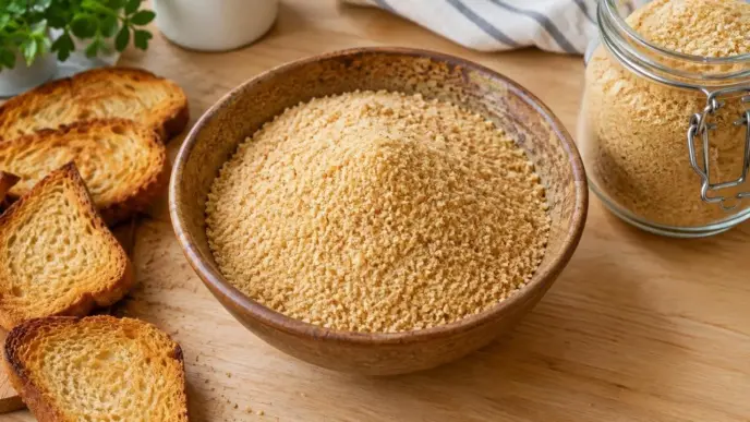 Farinha de rosca caseira numa tigela de cerâmica, com fatias de pão torrado ao lado