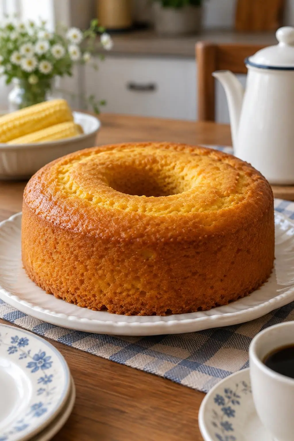 Bolo de fubá dourado desenformado sobre um prato de servir na mesa de café