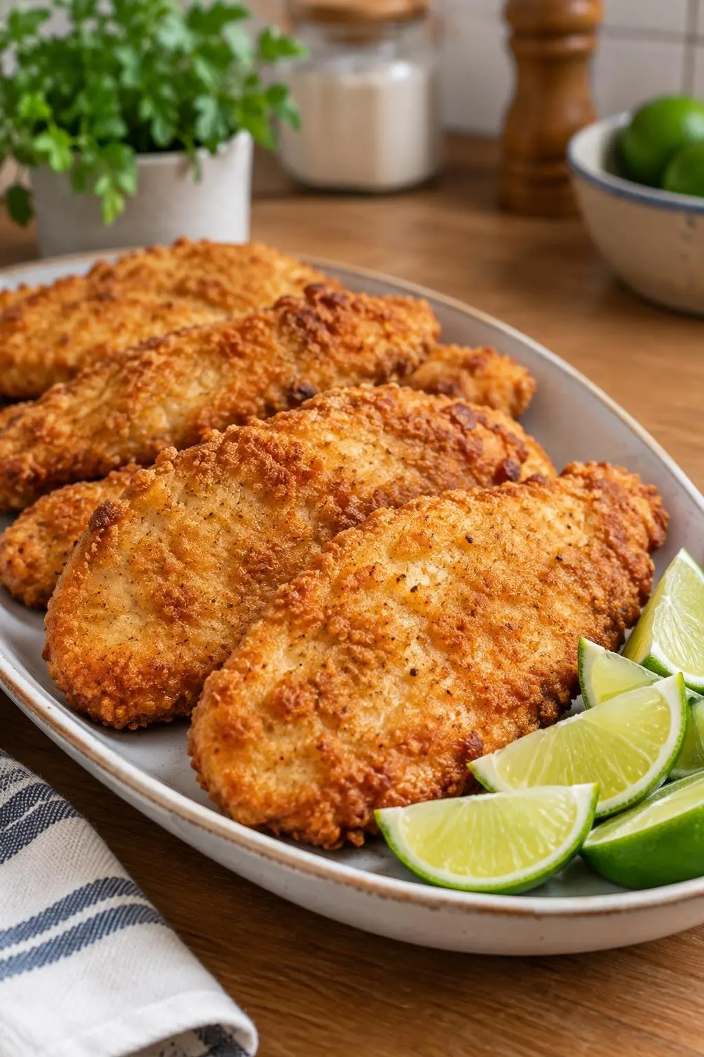 Filés de frango empanados e dourados dispostos em uma travessa com gomos de limão ao lado