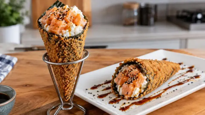 Temaki hot empanado e crocante com molho tarê