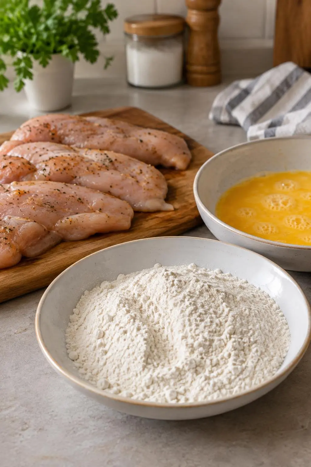 Ingredientes da receita organizados na bancada com peito de frango temperado, prato de trigo e ovo batido