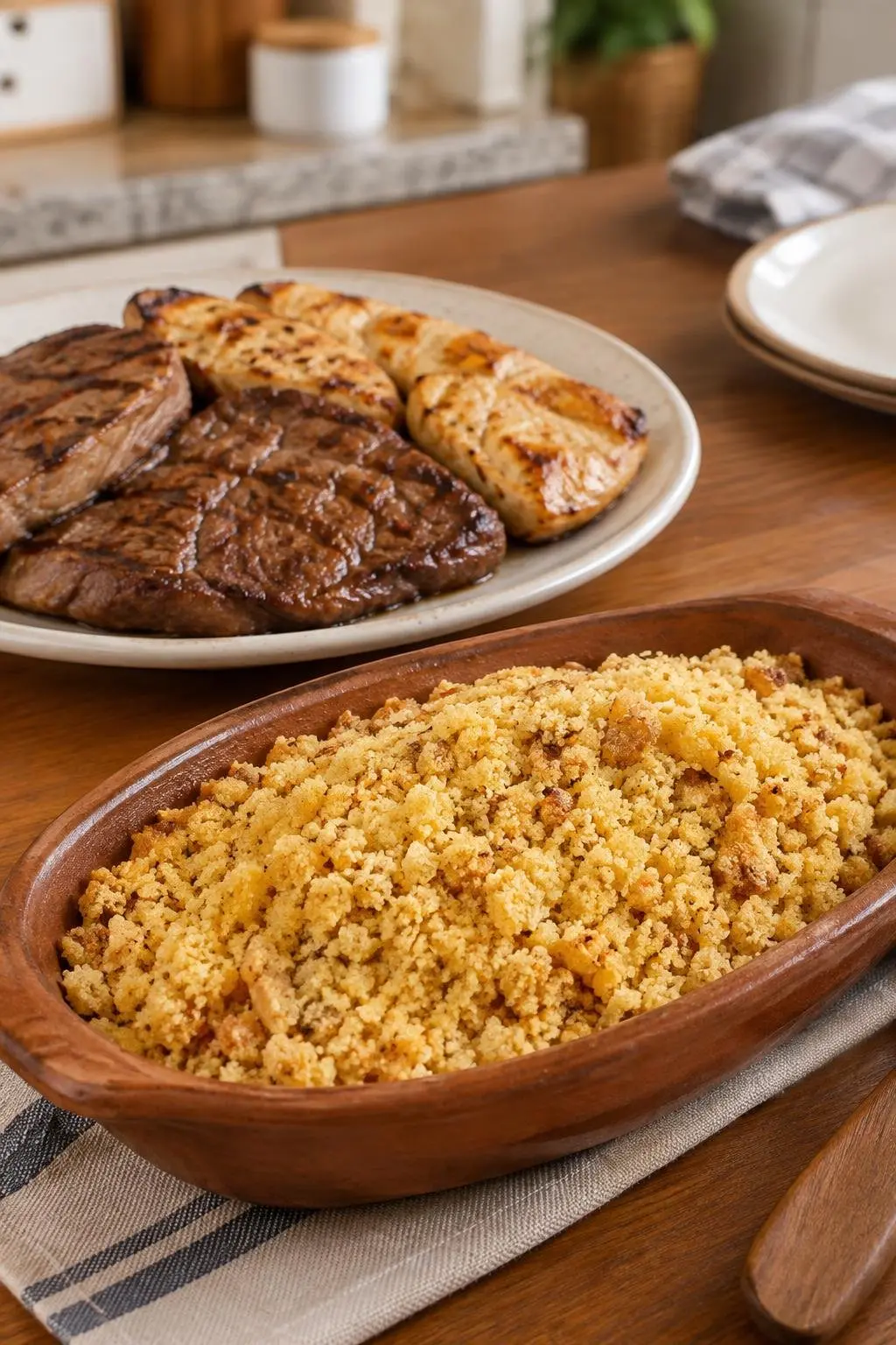 Farofa de manteiga servida em travessa rústica como acompanhamento ao lado de carnes grelhadas sem bacon e sem nada verde