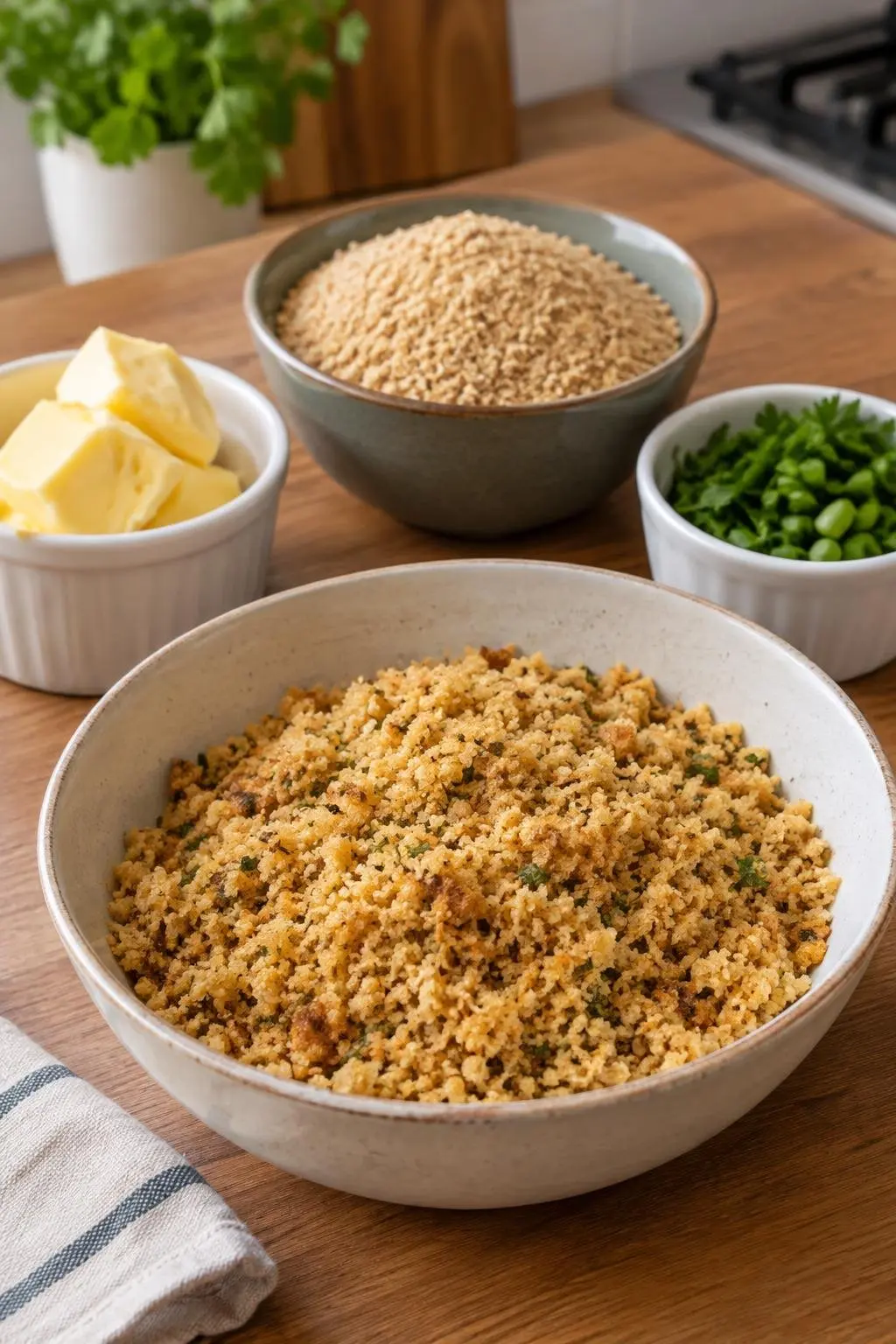 Ingredientes dispostos em potes sobre a mesa: manteiga em temperatura ambiente, farinha de mandioca torrada e cheiro-verde.