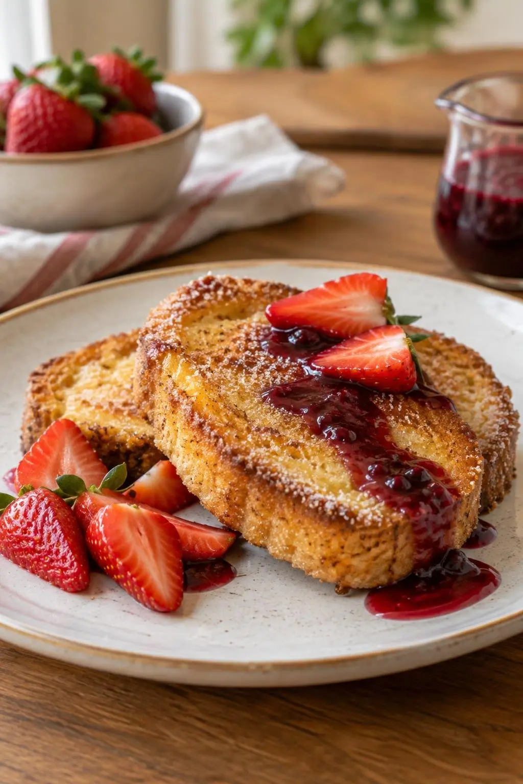 Rabanada de forno servida com morangos e calda de frutas vermelhas
