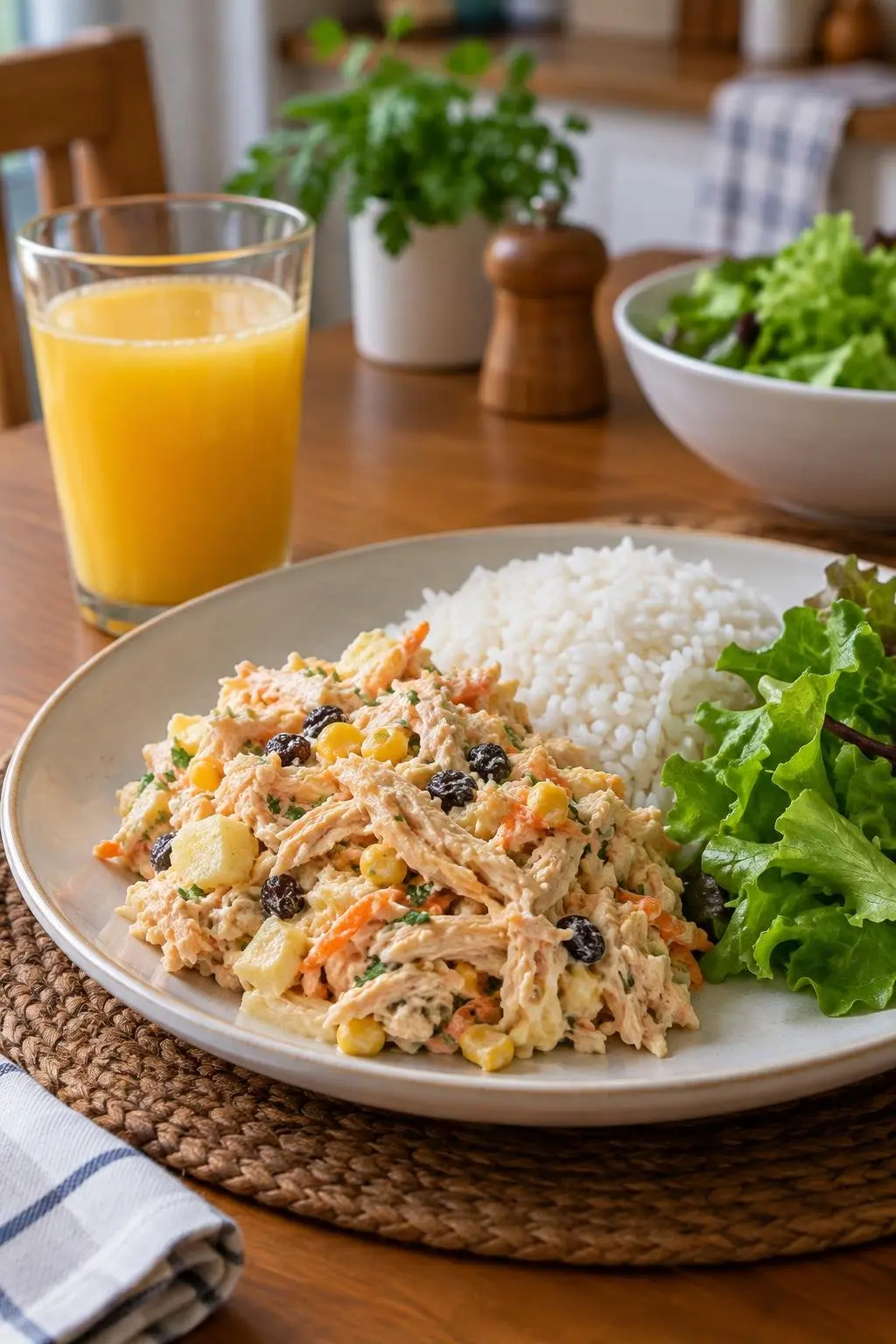Salpicão de frango servido no almoço com arroz e salada