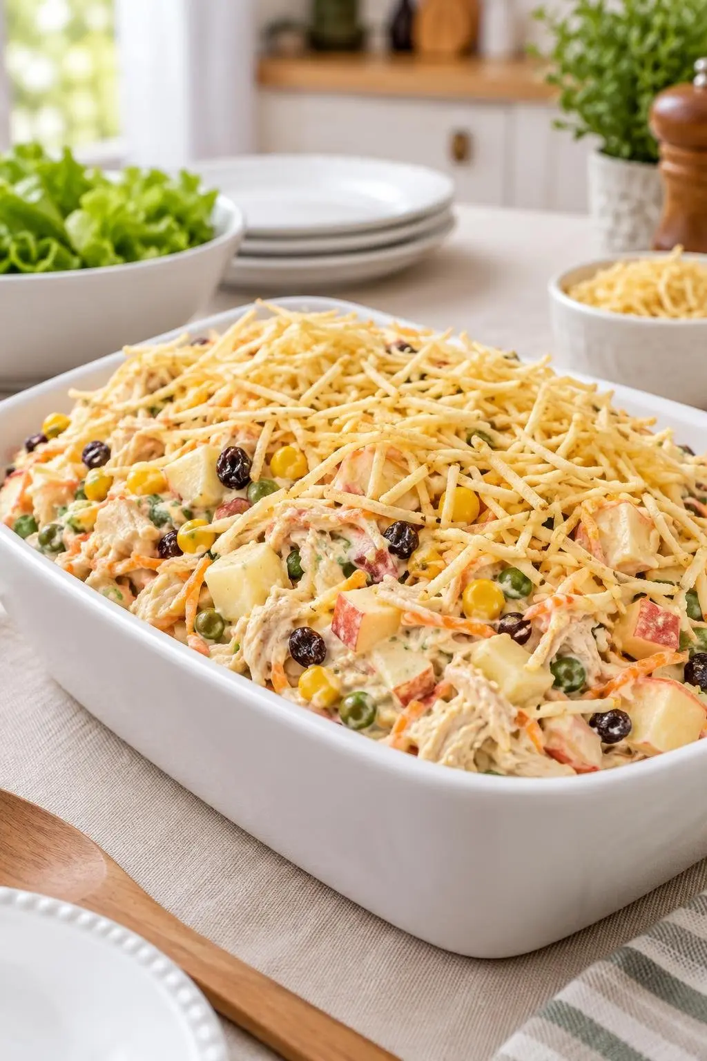 Salpicão de frango tradicional cremoso com batata palha numa travessa