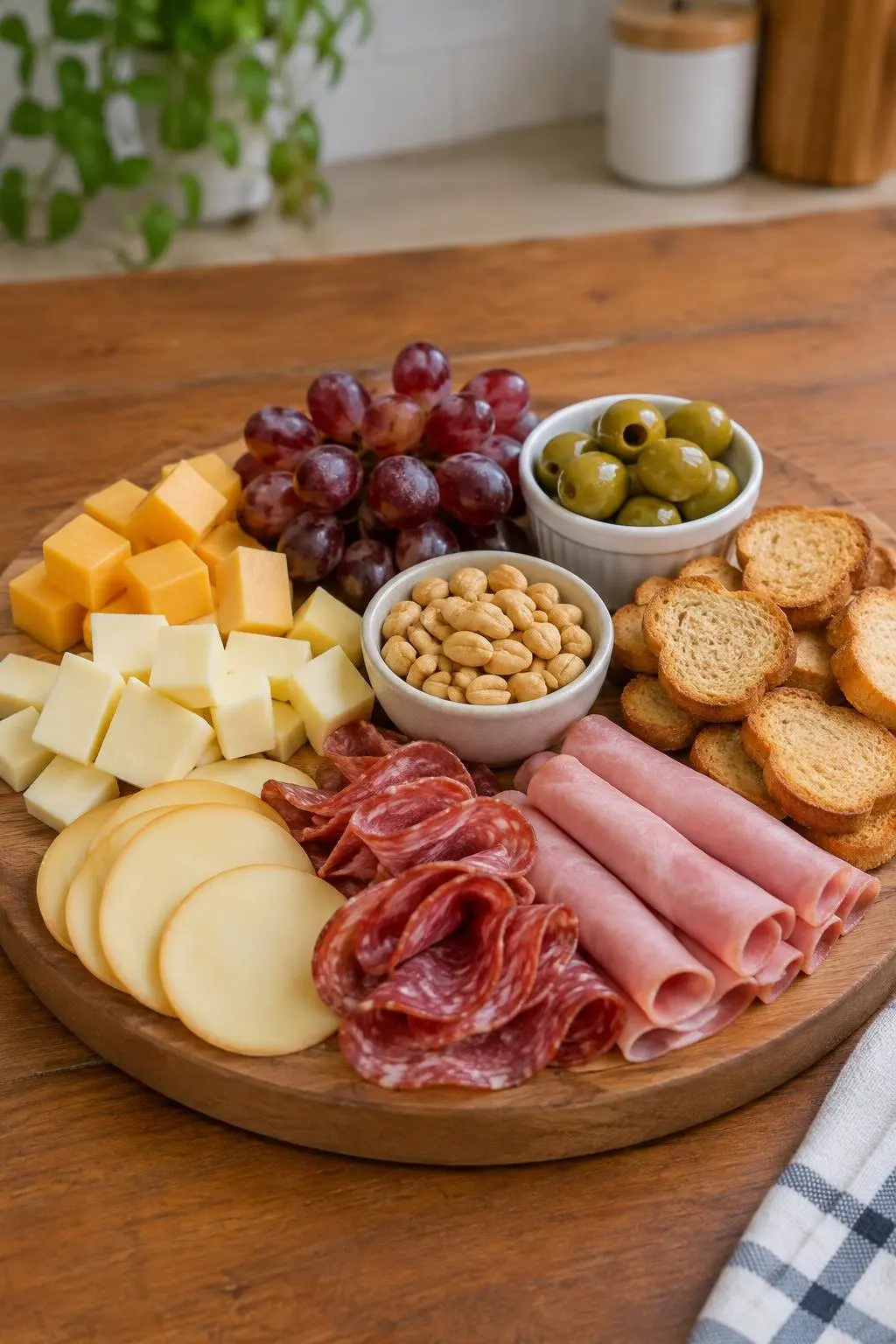 Tábua de frios simples e barata com queijo prato, salame, uvas e azeitonas