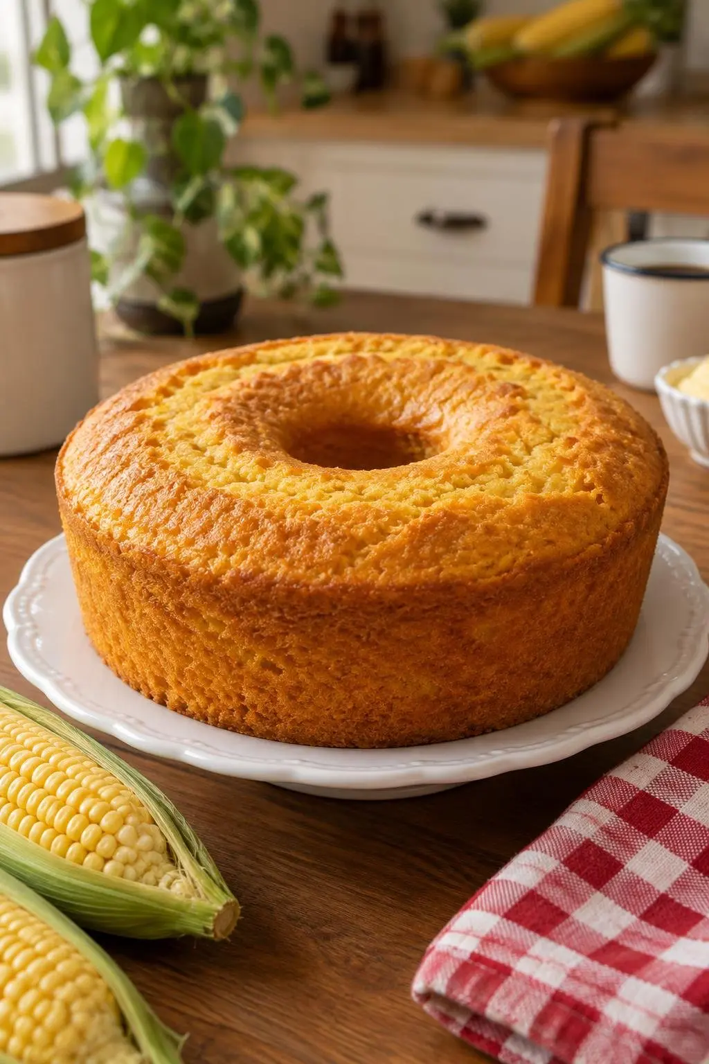 Bolo de milharina fofinho e dourado, inteiro, num prato de bolo