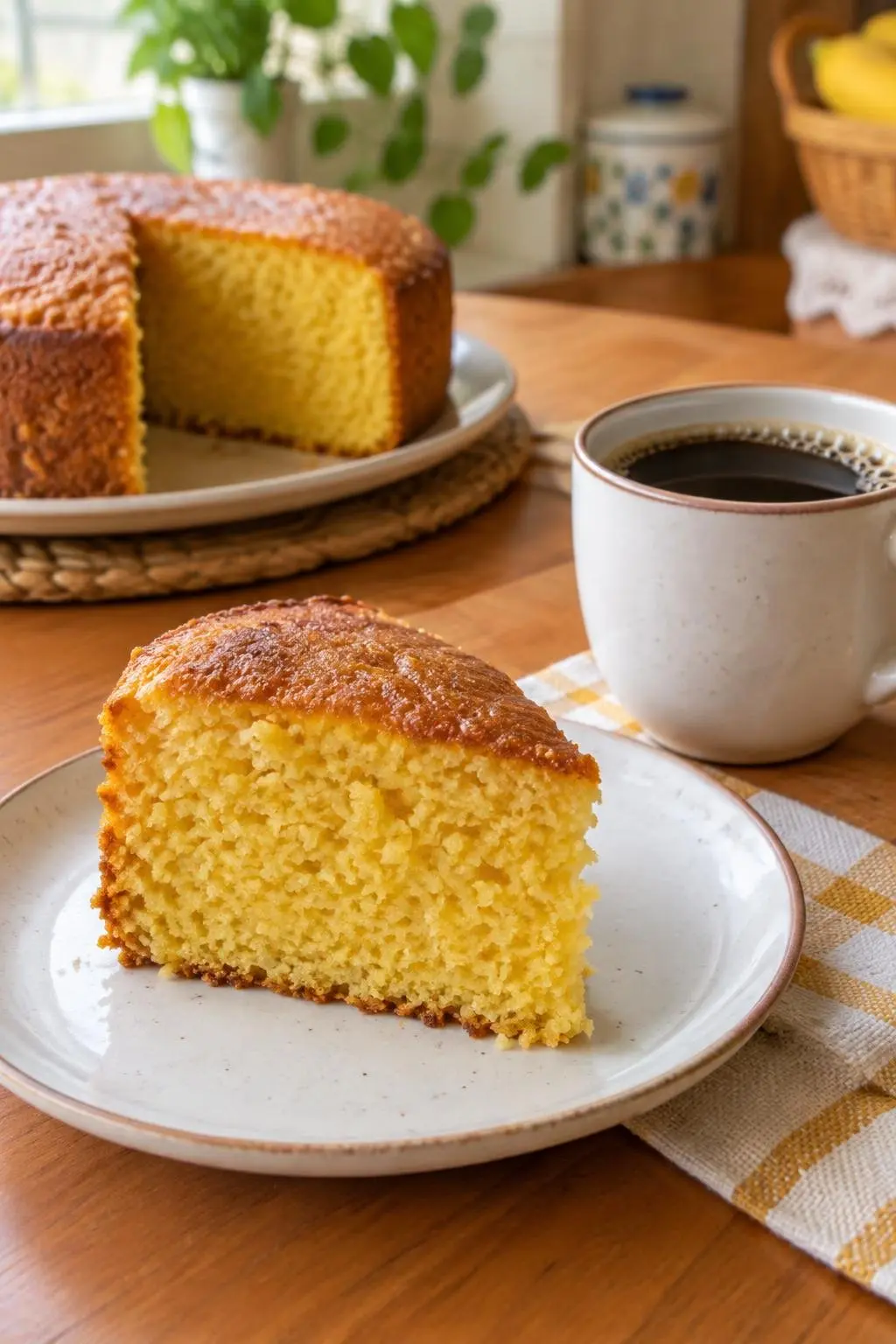 Fatia de bolo de milharina com café
